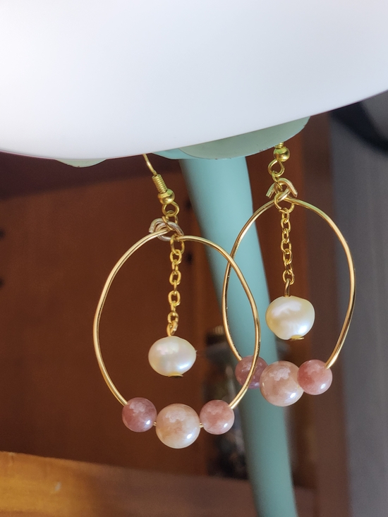 One Simple Bead Jewelry - Handcrafted Gold Hoop Earrings with Pink Stone and Fresh Water Pearl Accents
